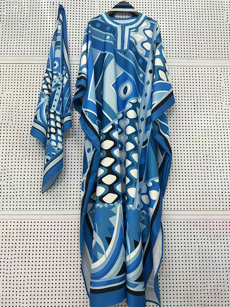 Robe ample élégante à imprimé floral bohème pour femme 2026, col semi-ouvert, manches chauve-souris, robe de vacances avec foulard en soie