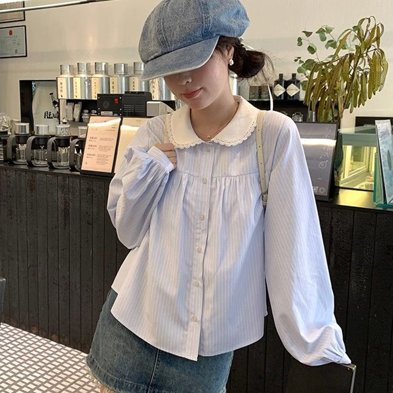 Chemise rayée à manches longues pour femmes, chemisier chic, style preppy coréen, tout match, col rabattu, mode printemps, nouveau