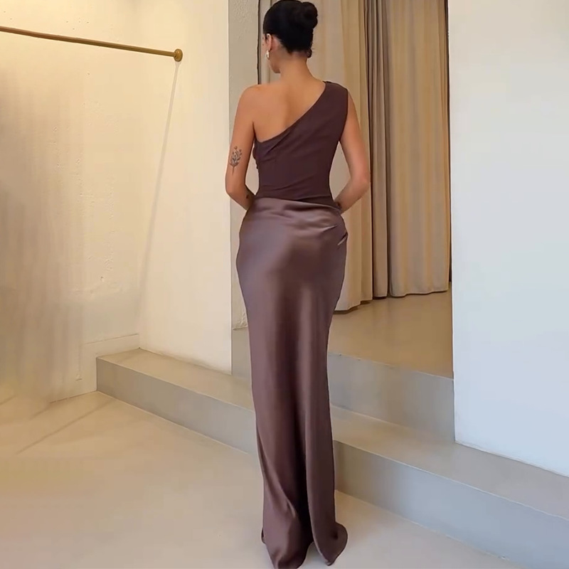 Patchwork Satin robe Sexy femmes une épaule marron sans manches soirée Maxi robe 2025 nouvel été élégant fête Clubwear robes