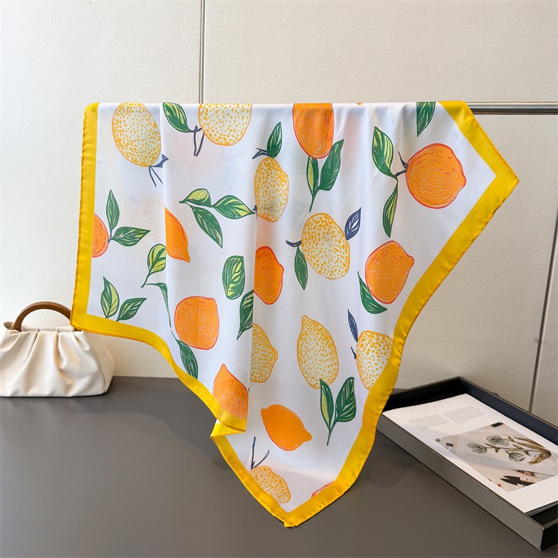 Foulard carré de luxe en soie pour femmes, style bohème, arbre à citron, imprimé Floral, châle, accessoire de mode, cravate pour cheveux, Bandana Hijab, 70x70cm