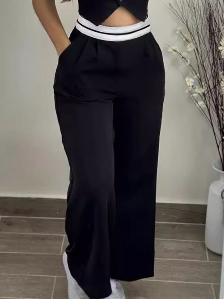 Ensemble 2 pièces noir sexy pour femmes, mode filles chaudes, documents d'abonnés, gilet à col en V, jambes larges, fjCasual