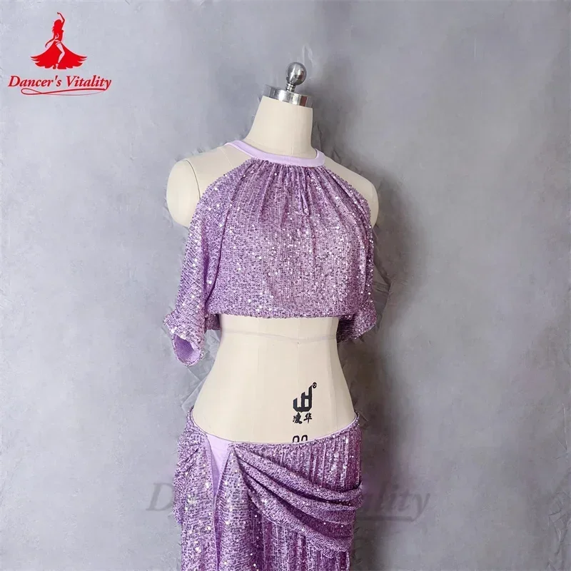 Ensemble de costumes de concours de danse du ventre pour femmes, haut à paillettes + jupe longue fendue, Costume d'entraînement 2 pièces, tenue orientale personnalisée pour adultes et enfants