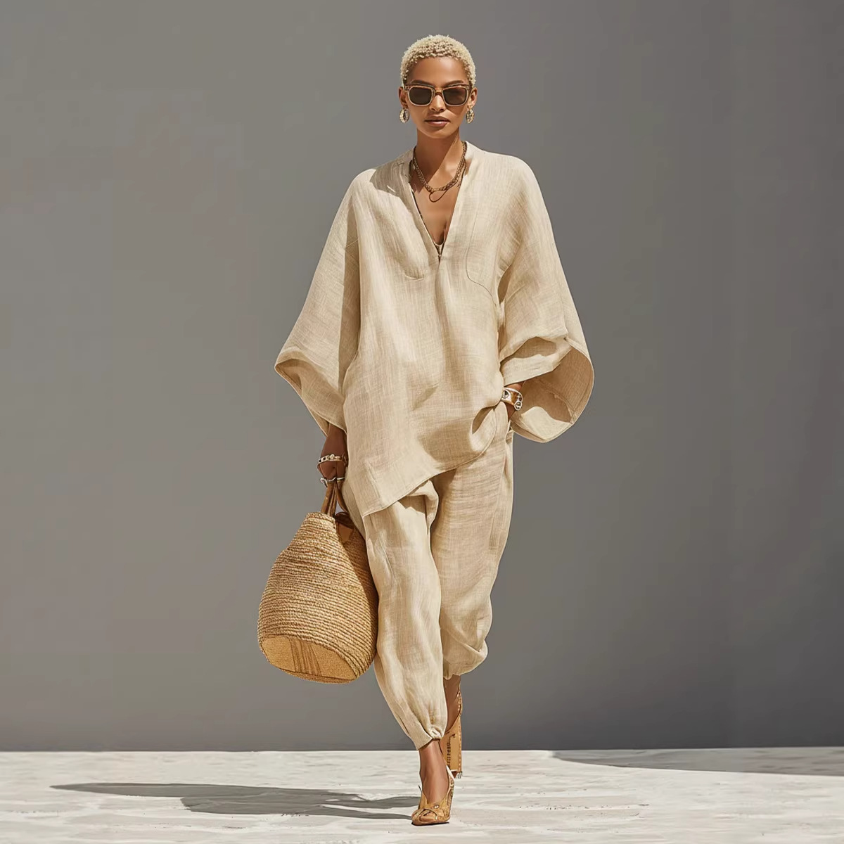 Ensemble décontracté deux pièces col en V pour femme – Tenue d'été 2026 tendance : hauts amples à manches longues et pantalons à jambes larges – Élégant