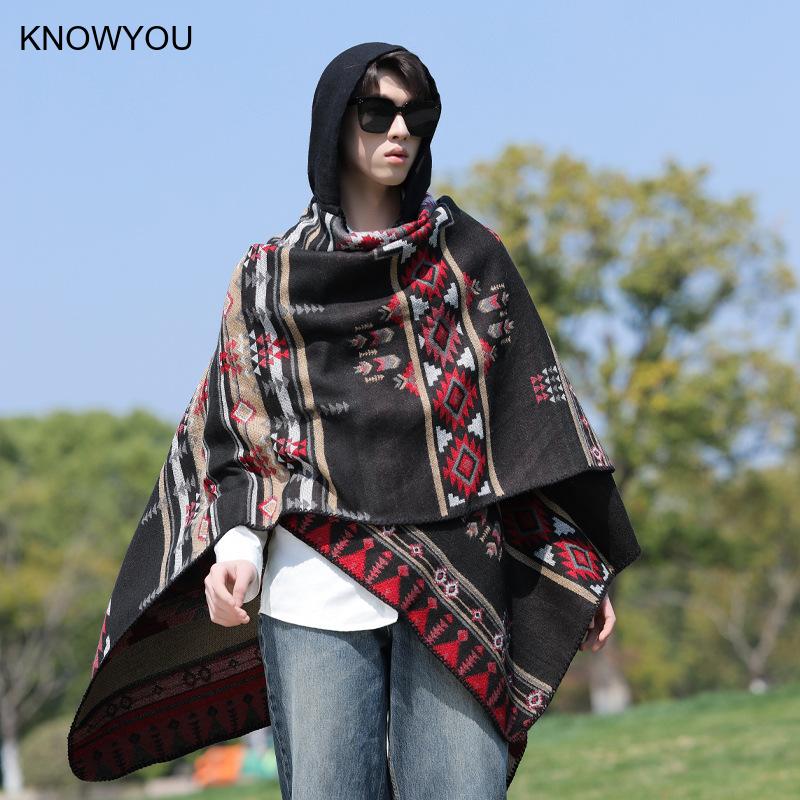 Hommes automne hiver épaissi Pashmina imprimé cape cachemire artificiel Style National voyage châle écharpe mâle Ponchos Capes