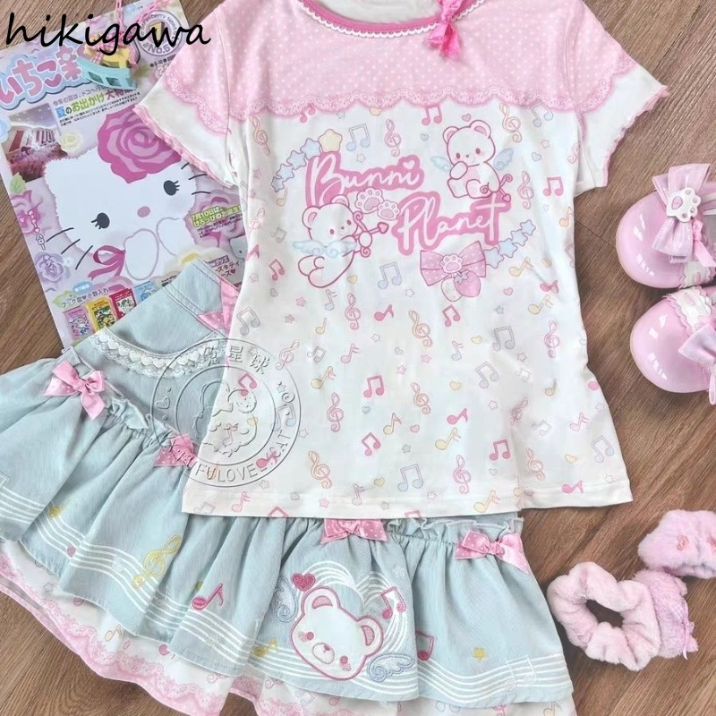 Ensemble jupe douce 2 pièces pour femmes, vêtements tunique à manches courtes, t-shirts avec nœud, ligne a, Mini jupes, tenues Chic d'été mignonnes Y2k