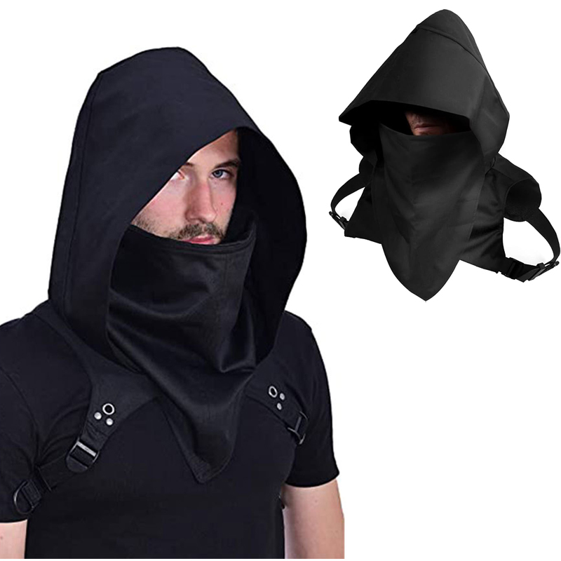 Capuche de cosplay médiéval vintage pour hommes, Everak Black Cyberpunk Rogue, capot d'écharpe, accessoires de costume de fête d'Halloween, 7.5 ate