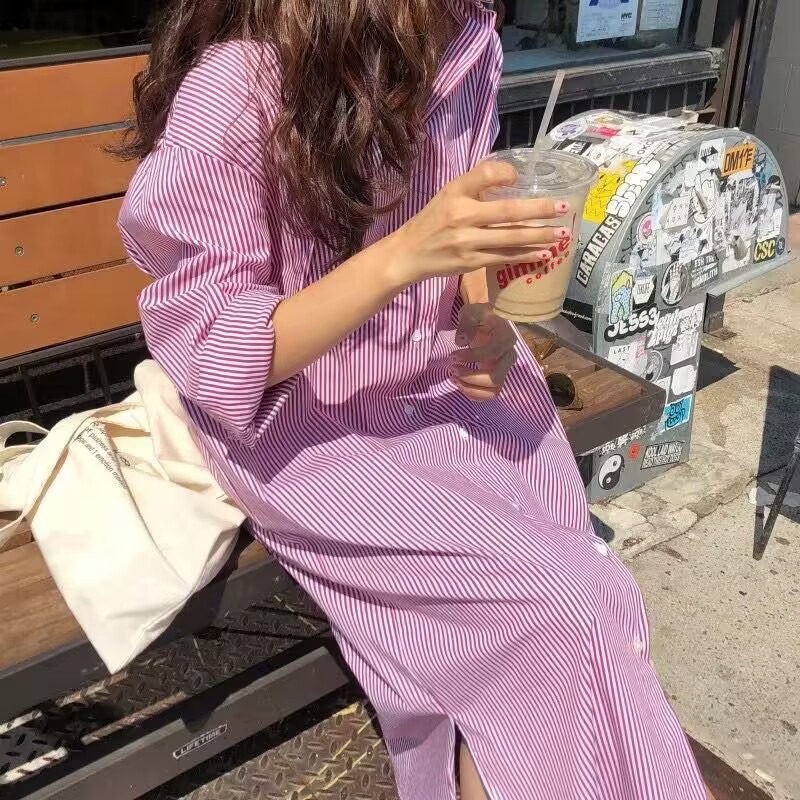 Robe chemise décontractée à manches longues pour femme, style vintage rayé, coupe ample, mode printemps-été
