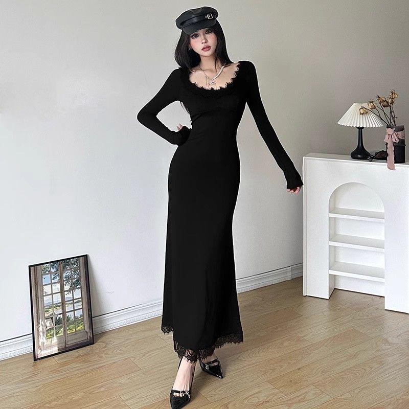 Robe en dentelle à manches longues pour femmes, vêtements esthétiques serrés, Kpop, Corset bon marché, décontracté, rétro, complet, Harajuku, robes moulantes pour femmes