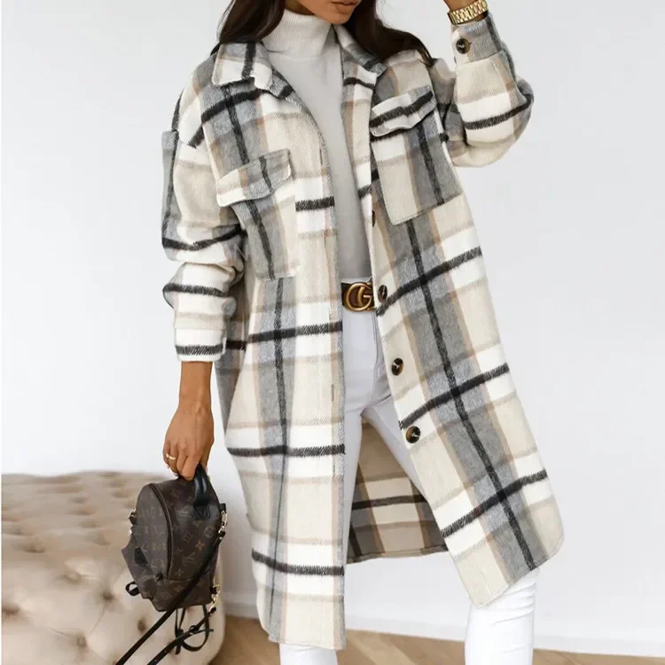 Trench-Coat à simple boutonnage, mode longue automne hiver, vêtements pour femmes, manteau à manches longues en laine à carreaux