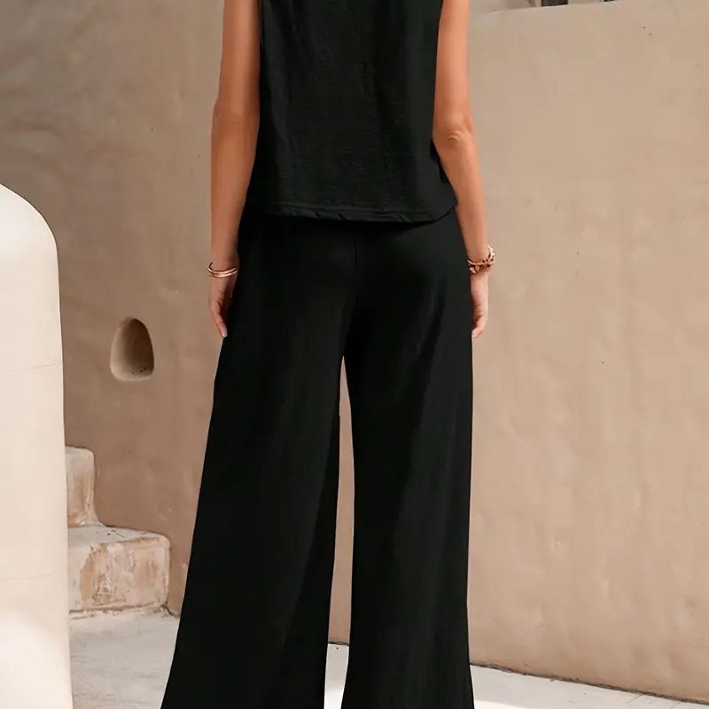 Nouveau femmes sans manches gilet et pantalon deux pièces ensemble mode couleur unie deux pièces col rond haut pantalon costume ensemble décontracté