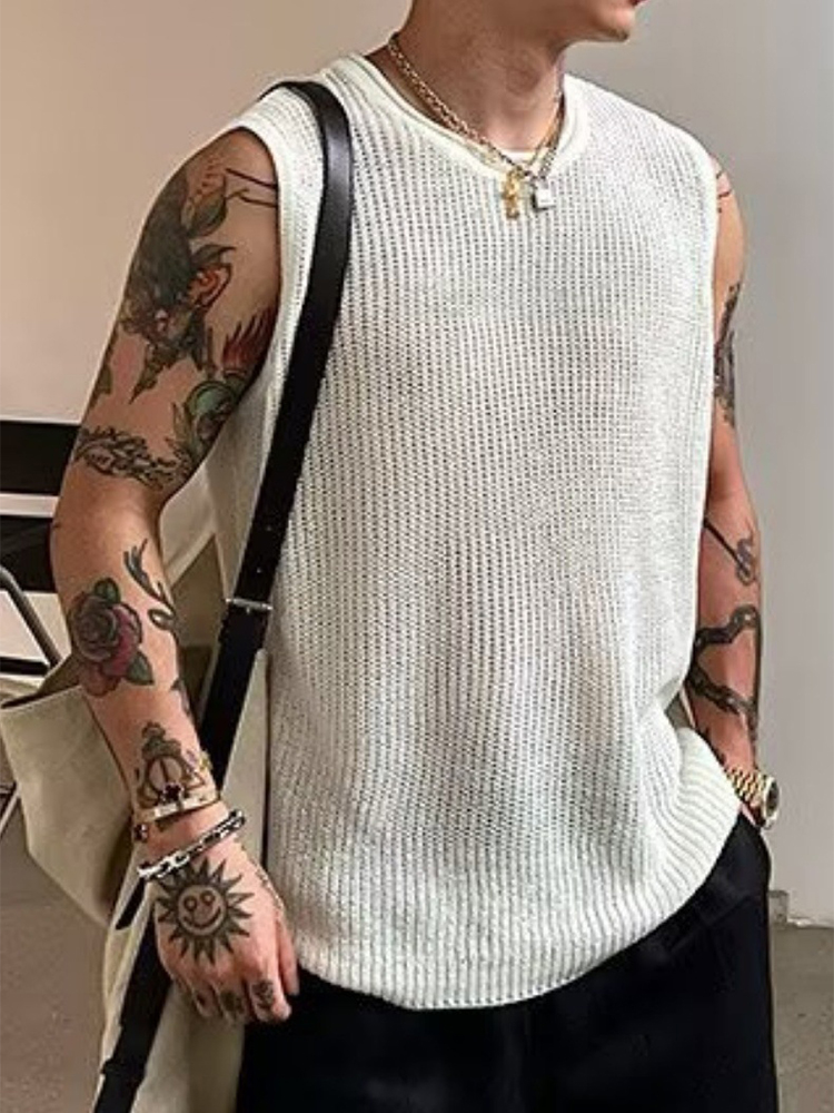 Débardeurs d'été décontractés pour hommes, style plage, ajourés, couleur unie, tricotés, col rond, élégants
