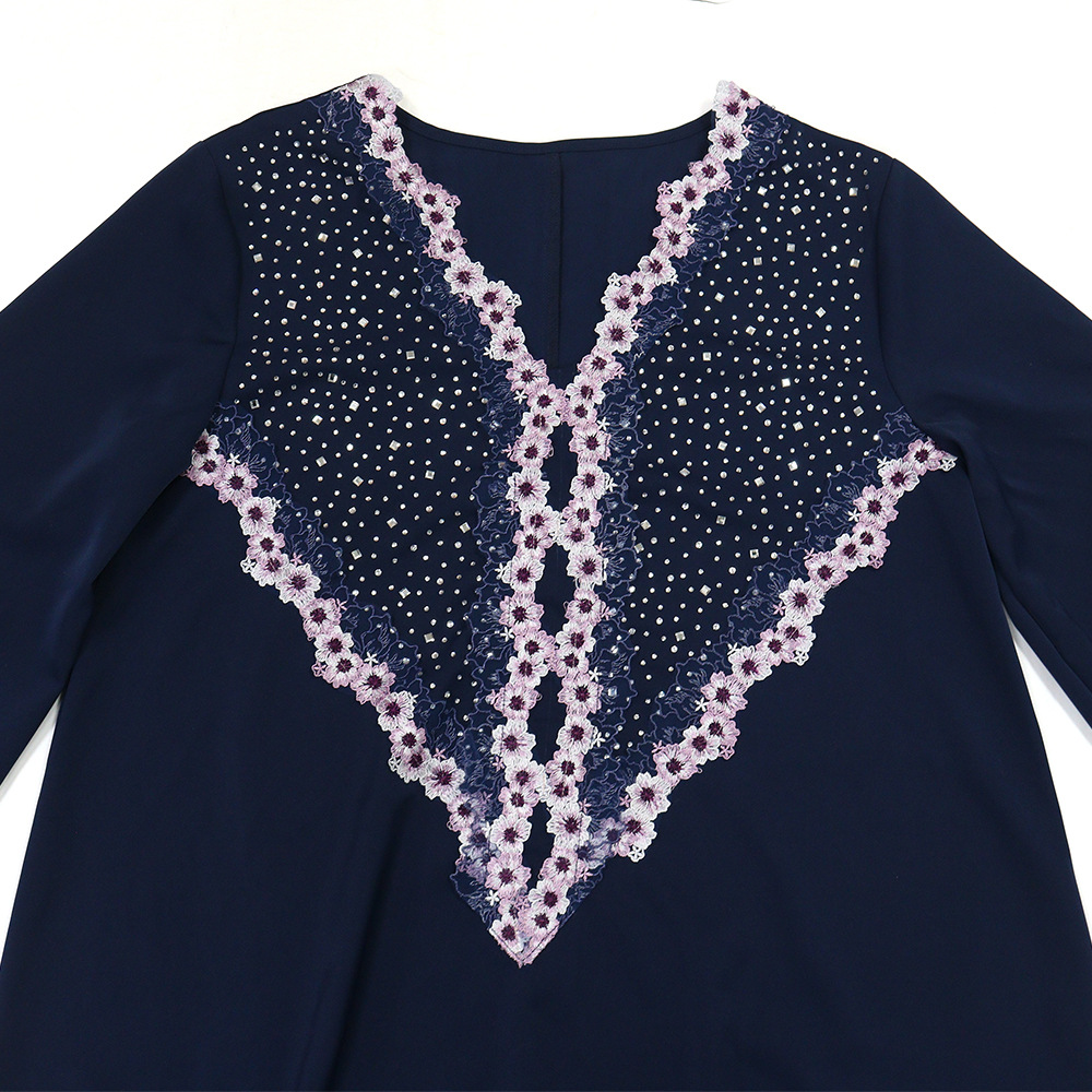 Nouvelle mode Dubaï Arabe Musulmane 2026 – Robe Abaya Femme Ample, Élégante et Luxueuse, Bleu Marine, Col en V, Manches Longues, Longueur Cheville