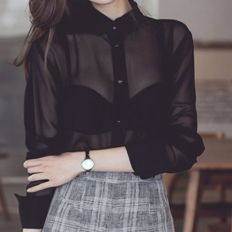 Chemisier transparent sexy pour femme, nouvelle collection printemps-été 2026, chemise fine en mousseline noire à simple boutonnage pour femme, manches longues, Blusas