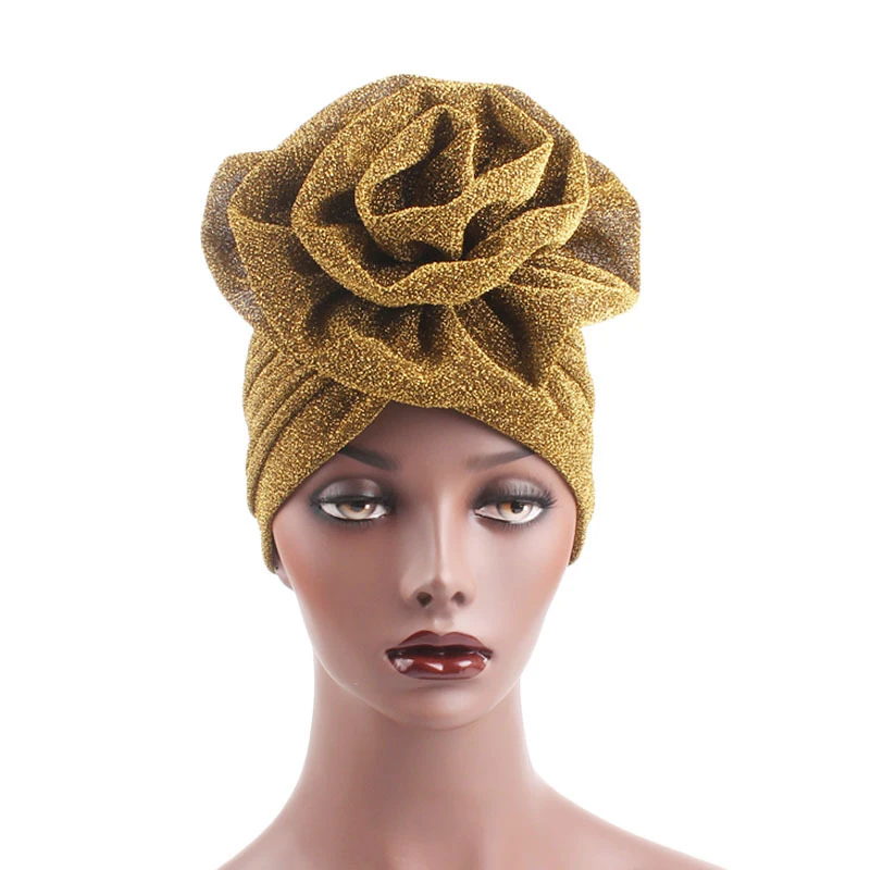 Femmes musulmanes grande fleur Turban chapeau plissé paillettes bonnets miroitant Bonnet perte de cheveux foulard africain chapeaux chimio casquette Skullie