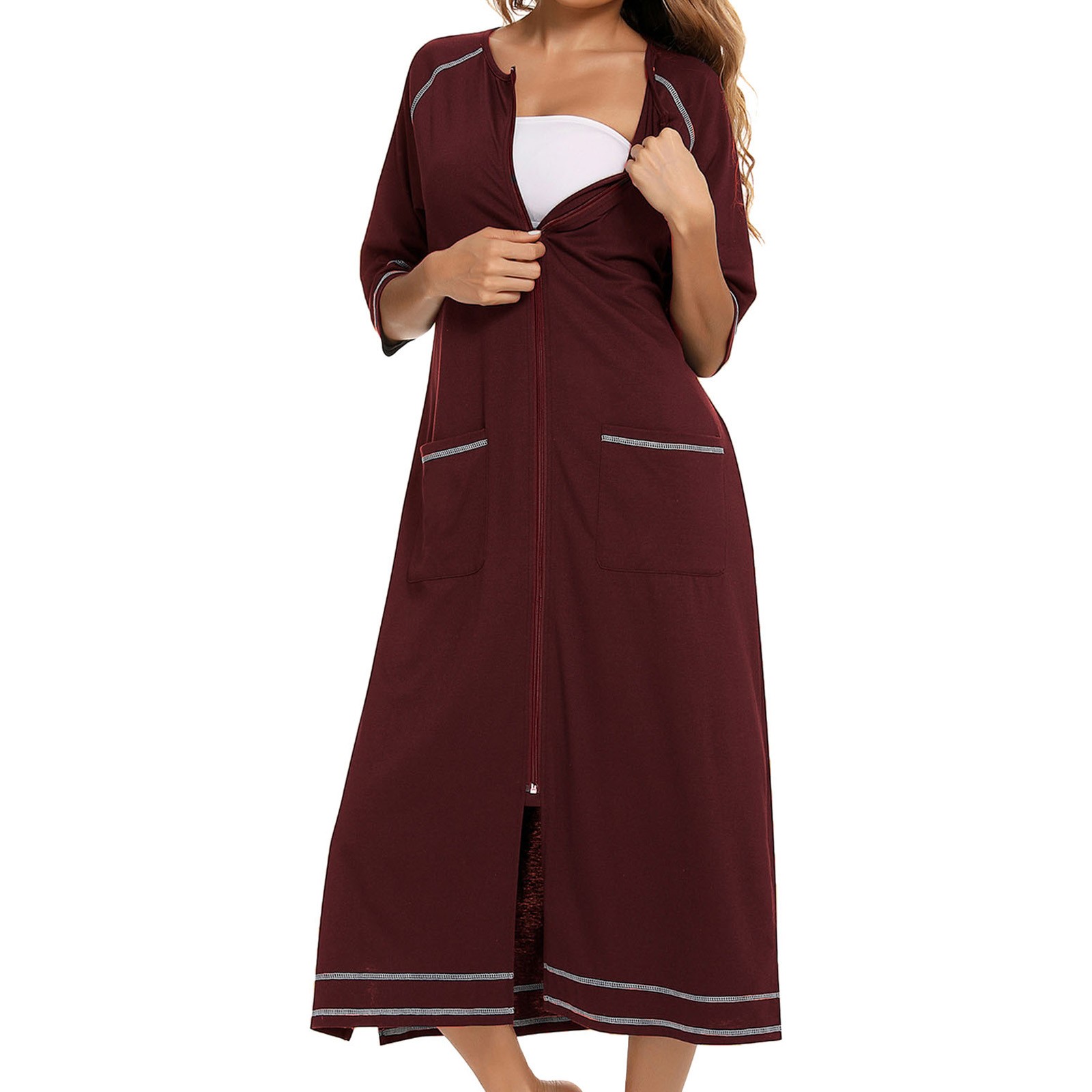Robes d'été pour femmes, robe à fermeture éclair sur le devant, demi-manches, peignoir pleine longueur, robe plumeau en coton doux avec poches, vêtements de maison, 2024