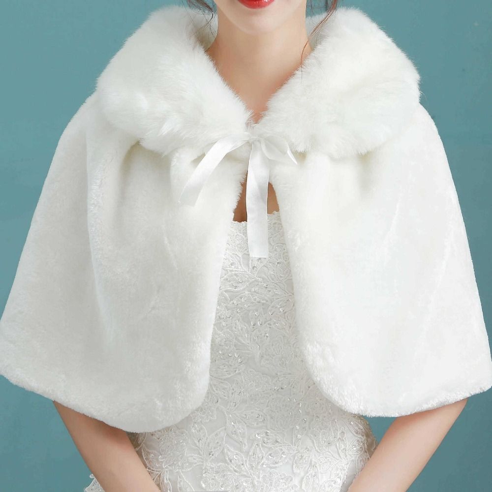 Blanc femmes hiver épaissir peluche Wrap étole coude longueur mariage mariée châle Cape veste chaude haussement d'épaules avec ruban à lacets