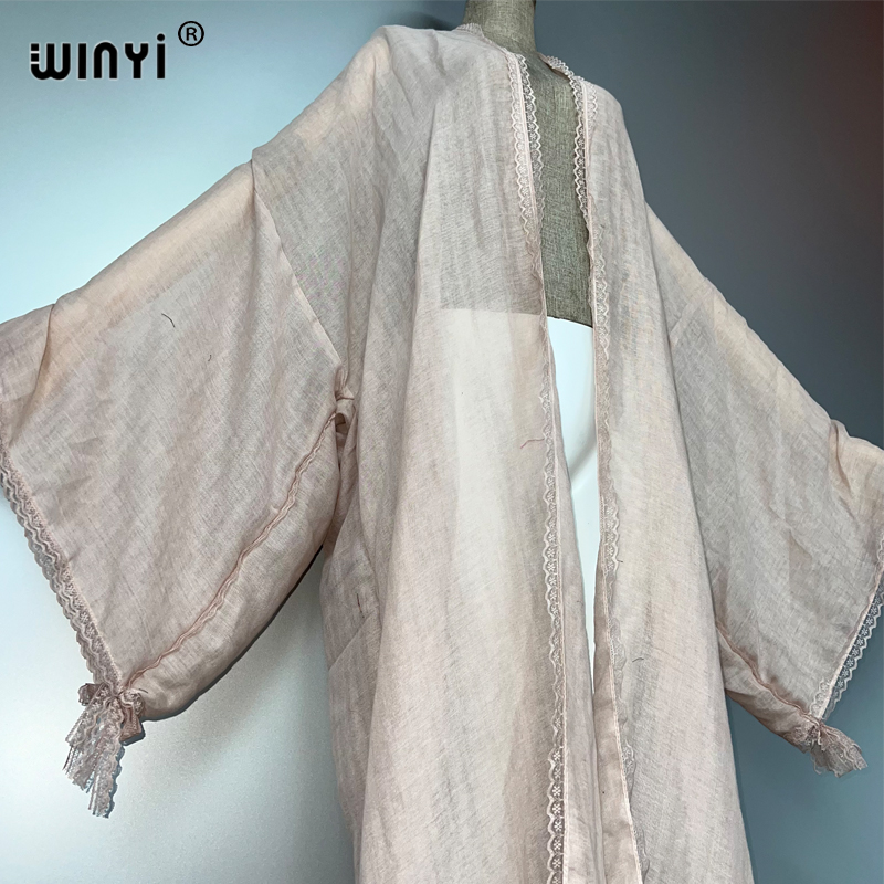 WINYI Kimono Bohème Nouveau Manteau Femme Ample à Pompons Longue Robe de Plage Vacances Couverture de Bain Robes de Soirée Luxe Dubaï Abaya