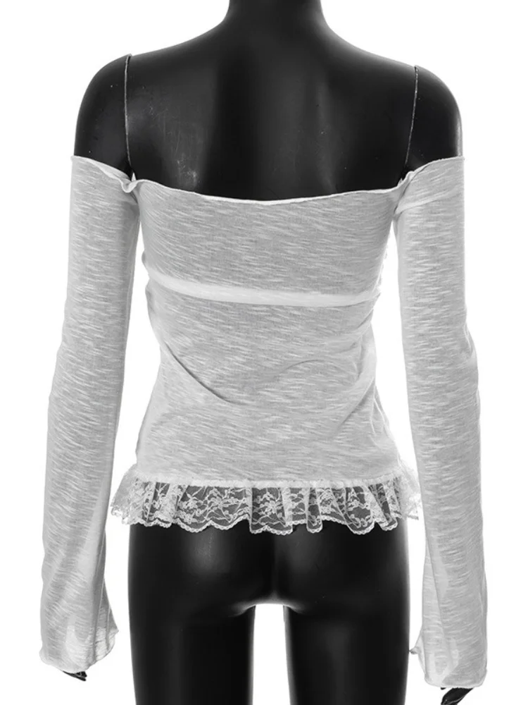 Chemises décontractées à manches longues pour femmes, Streetwear en maille, Haut Y2K à manches tombantes, Noeud à lacets, Slash Neck, Vêtements sexy, Blanc, Mode