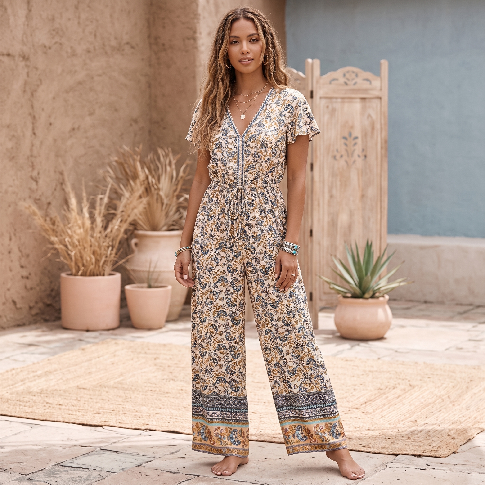 Happie Queens femmes imprimé fleuri à lacets Boho body avec Pokctes taille élastique à manches courtes bohème rayonne combishorts barboteuses