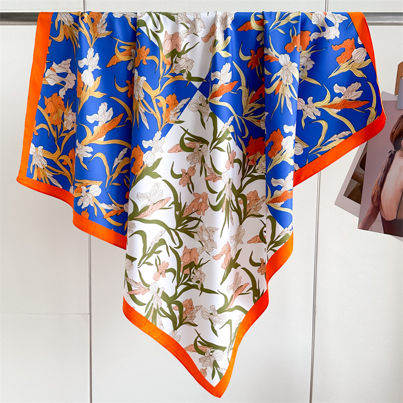 Foulard carré en soie de luxe à imprimé floral 90 cm pour femme, écharpe de créateur, châle, bandana, hijab, écharpe, bandeau, ruban à nouer