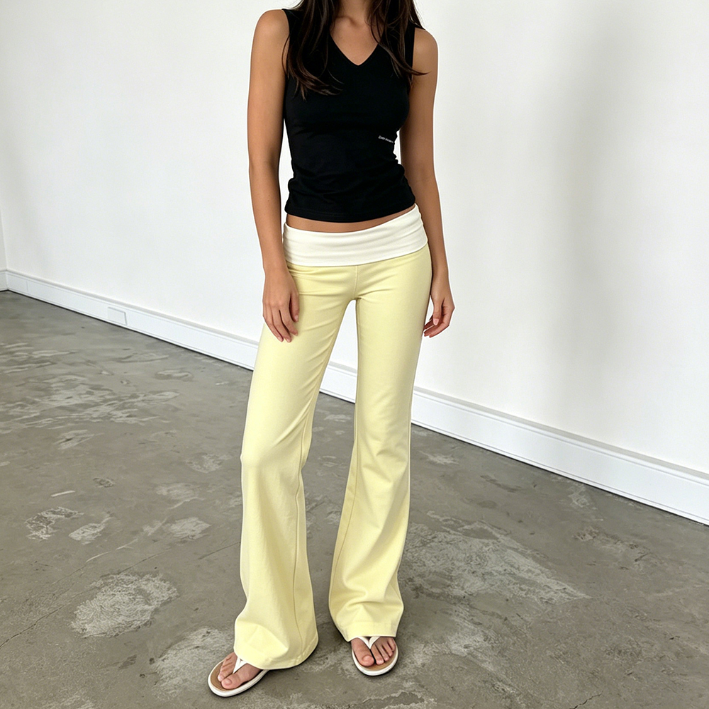 Pantalon évasé pliable pour femme, style décontracté, couleur contrastante, taille élastique, coupe cloche, streetwear Y2K ﻿