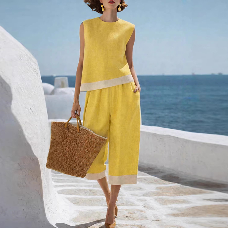 Ensemble décontracté deux pièces pour femme : débardeur sans manches et short patchwork coloré, idéal pour l'été