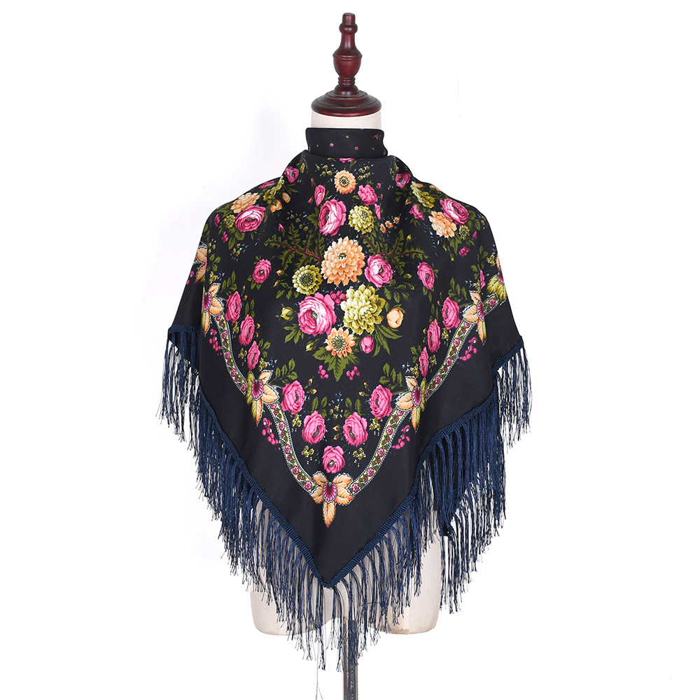 Écharpe russe châles femmes frangé carré Bandana foulard musulman Hijab National couverture florale foulards 110x110 cm