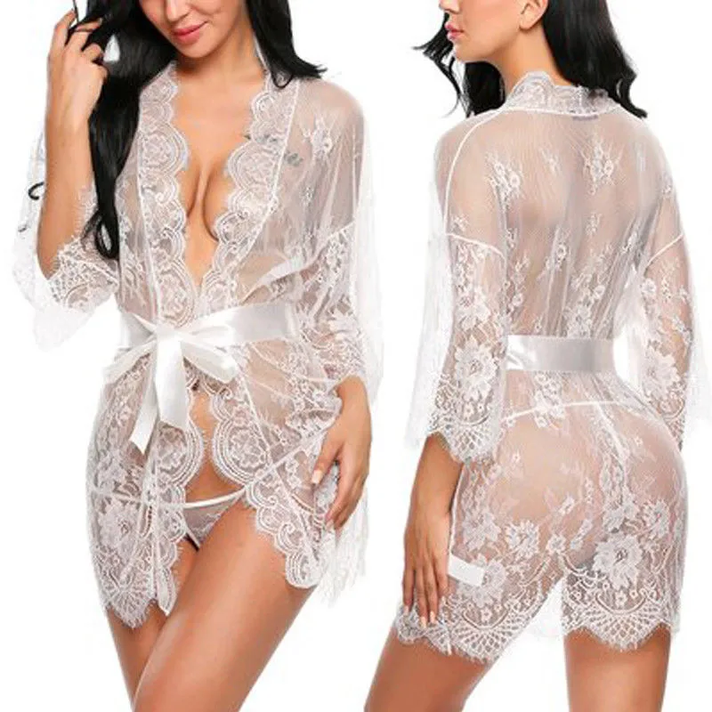 Lingerie sexy pour femmes, robe de nuit transparente en dentelle à col en V, babydoll, robe de nuit, string, costume kimono, vêtements de nuit