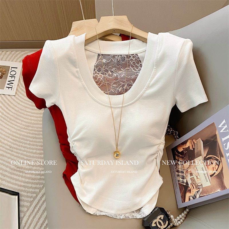 Nouveauté Été : T-shirts et hauts sexy pour femmes, à manches courtes, unis, avec patchwork en dentelle et découpes, coupe ajustée, style coréen tendance