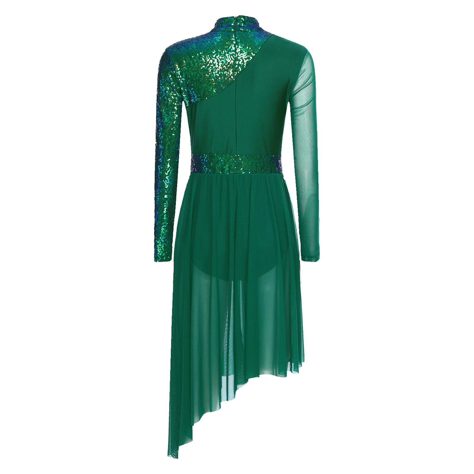 Robe lyrique pour femmes, robe de Ballet, manches longues, paillettes brillantes, ourlet irrégulier, justaucorps de danse, vêtements de danse pour spectacle sur scène