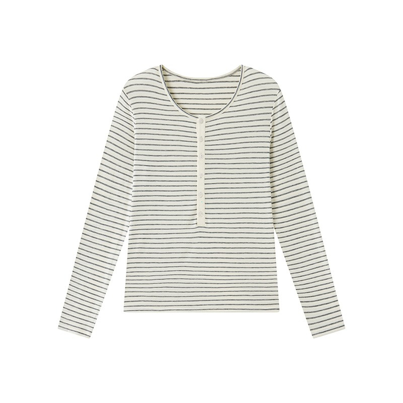Chemise basique en laine de soie pour femmes, tricot Slim à col rond et boutons, haut à manches longues rayé de couleur unie, automne hiver