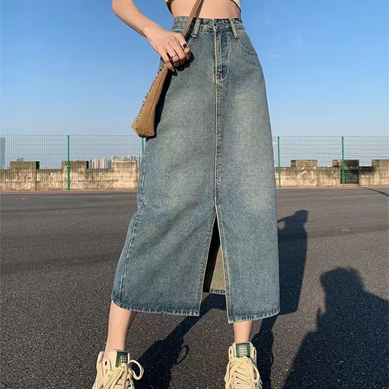 Jupe longue en jean fendue taille haute pour femme, coupe trapèze rétro délavée, longue et droite, couvrant les hanches, pour un port décontracté et confortable
