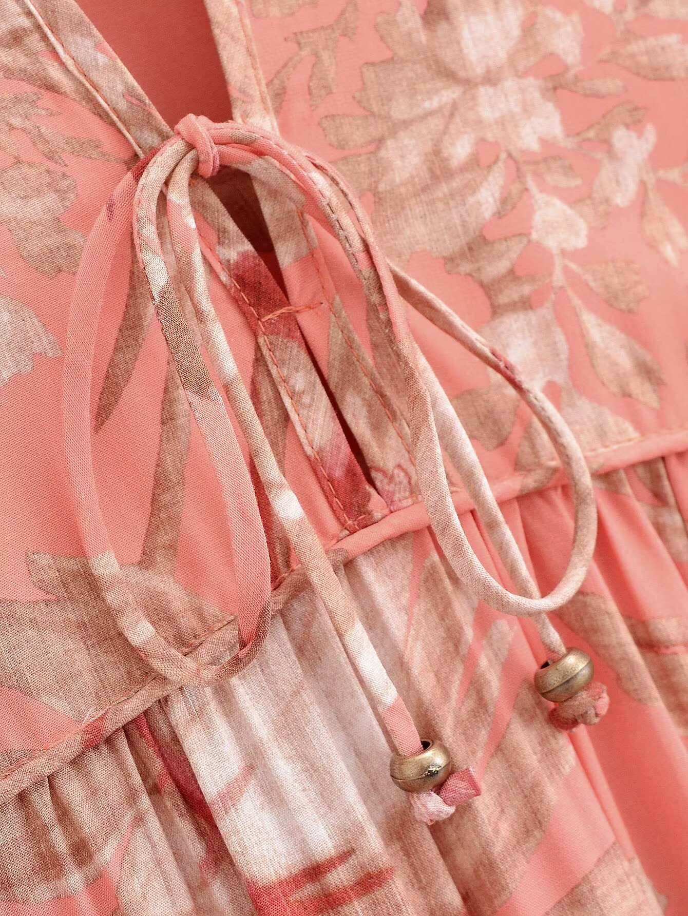 Robe midi droite BOHO pour femme, à motif floral et feuilles, avec col à nouer, en viscose et coton, manches longues, style ethnique, pour les vacances d'été