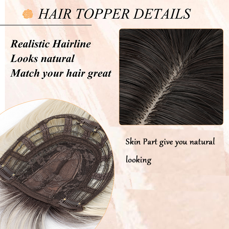 Topper pour cheveux pour femme avec frange : 3D 360 °   Morceau de cheveux synthétiques longs et lisses à couverture moelleuse pour cheveux amincissants, doré avec foncé