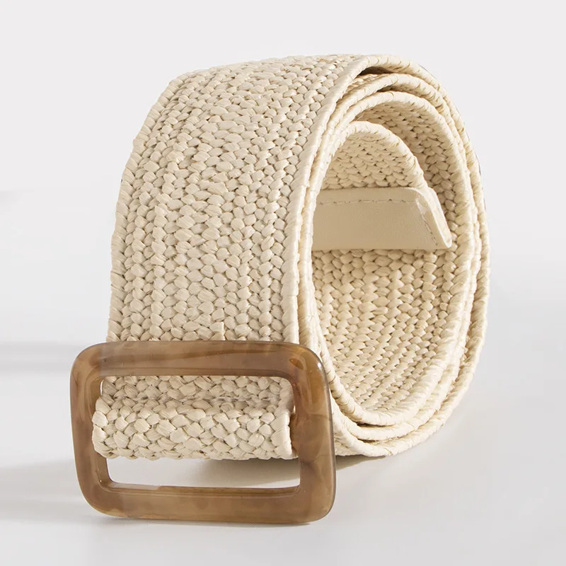 Ceinture élastique en paille tissée pour femmes, élégante, style bohème, plage, motif géométrique, réglable, accessoire fait à la main, été