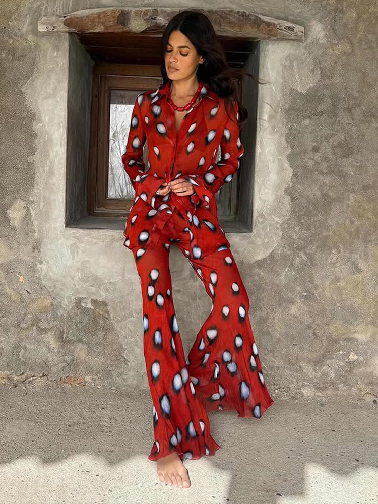 Ensemble décontracté imprimé pour femme : chemise à manches longues et pantalon droit – Tenue vintage pour l'été 2026, idéale pour la plage et les vacances