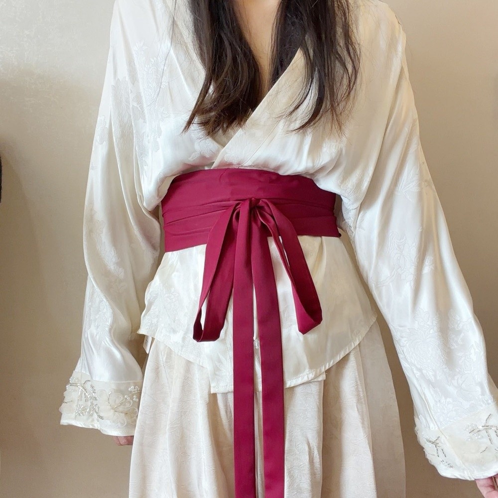 Ceinture Hanfu en tissu mousseline, coton, lin, satin, soie, large, avec nœud décoratif, couleur unie, en soie