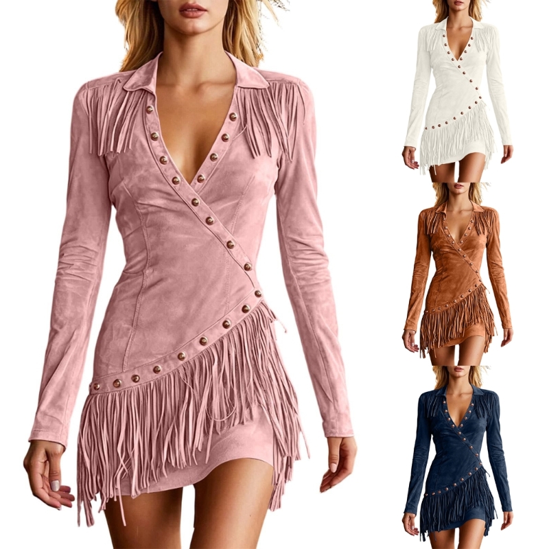 Robe occidentale pour femmes, robe rétro à manches longues à franges, robe soirée Cocktail à fermeture éclair à revers