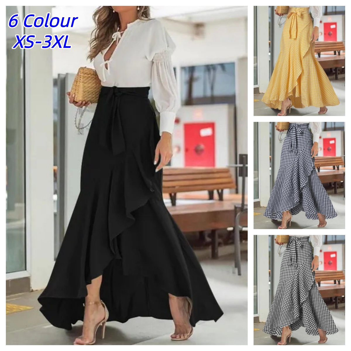 Jupe longue ample rétro pour femme, taille haute, à lacets, avec volants, imprimé écossais, nœud papillon, ourlet irrégulier, jupe sirène maxi pour femme