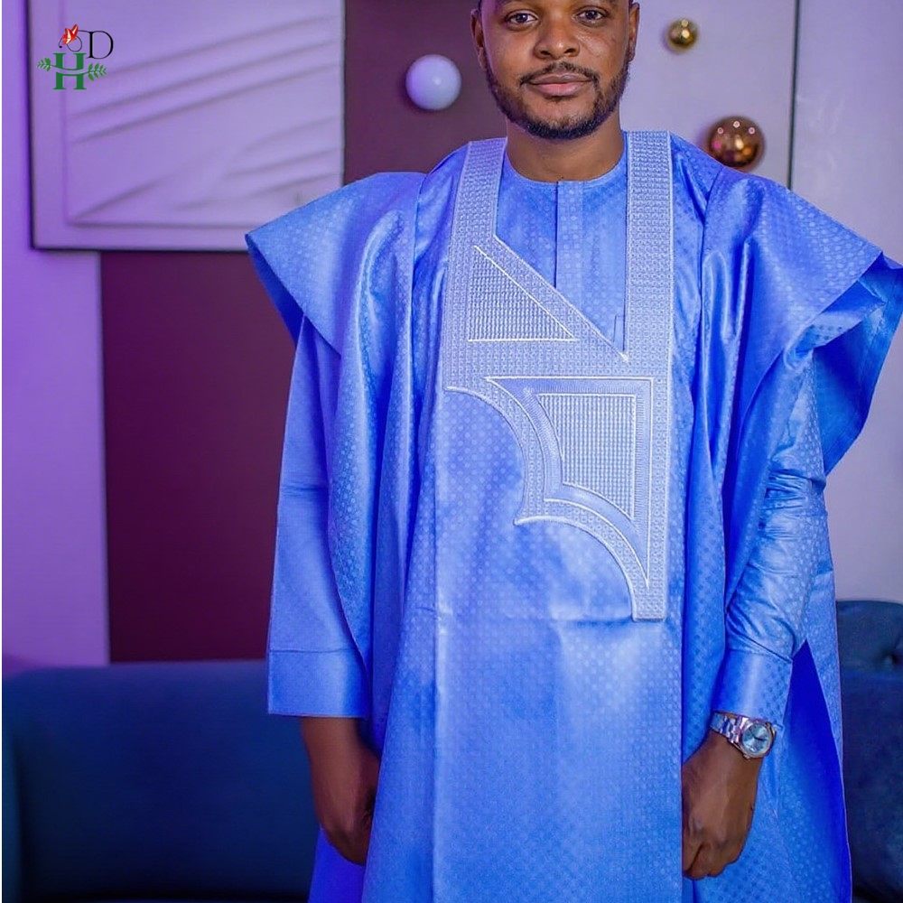 Vêtements africains broderie robe bleue grande taille pour hommes élégant fête de mariage Thobe 3 PC haut et pantalon costumes ensemble usage quotidien 2025