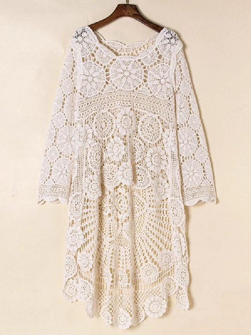 Robe de plage en crochet pour femmes, couvertures de bikini, évider, coton, longueur irrégulière, mode féminine, nouveau