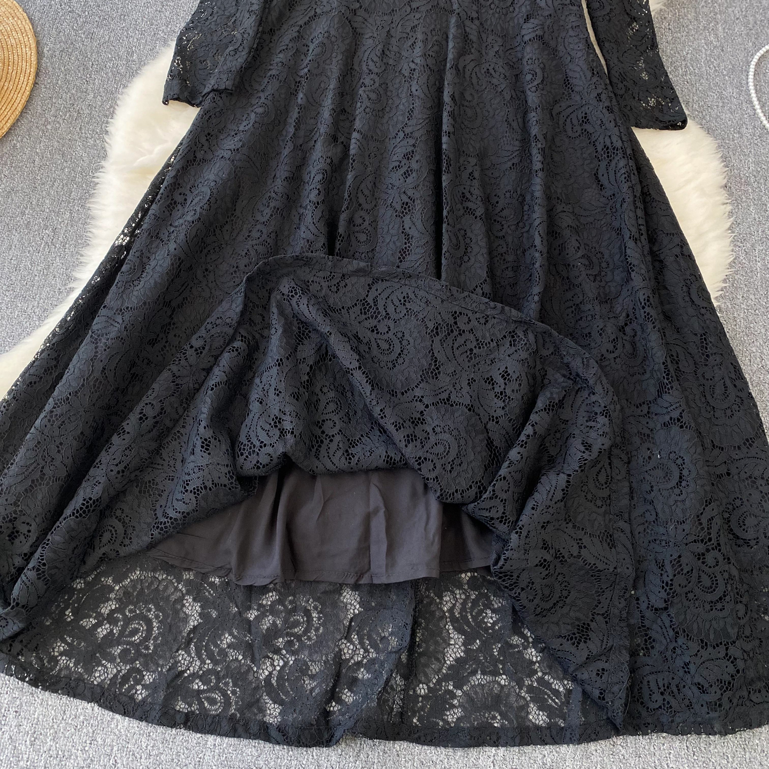 Robe de soirée florale vintage noire pour femme, col montant, manches longues, robes en dentelle, français, élégant, éducatif, printemps, automne