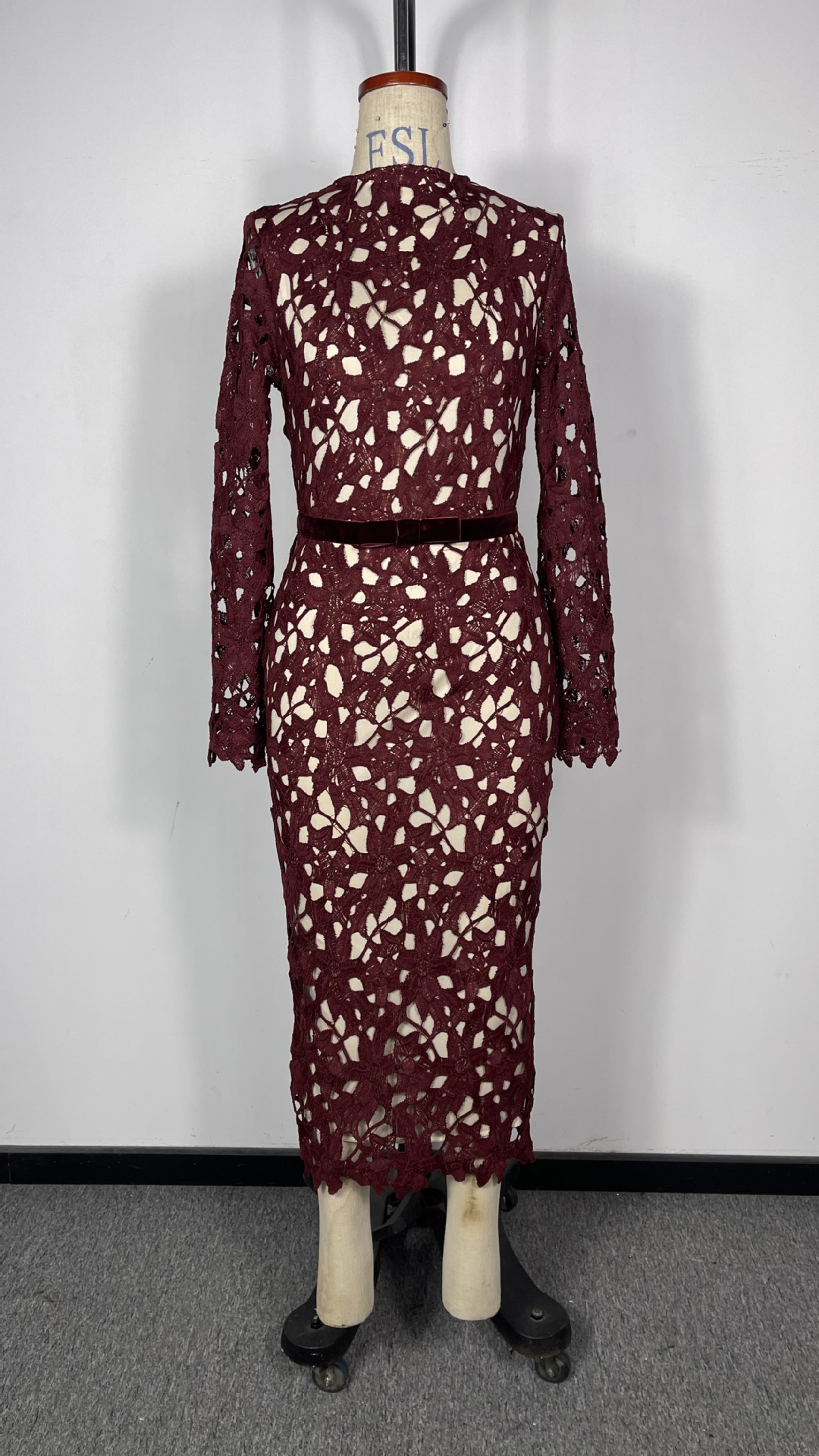 Robe élégante en jacquard pour femmes, manches longues, col haut, bordeaux, robe de soirée mi-longue, robe de cérémonie, robe de soirée pour mariage, qualité supérieure