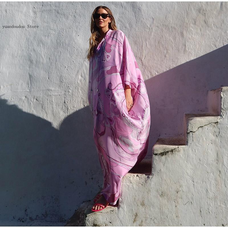 Robe longue surdimensionnée pour femmes, tenue de plage, vacances, Kaftan imprimé, Maxi, avec motif, coupe ample, manches longues, été