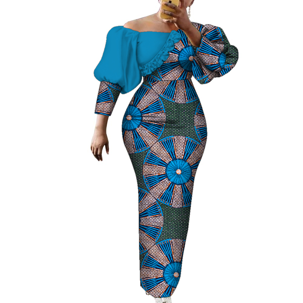 Robe de soirée en coton imprimé africain pour femmes, manches bouffantes, vêtements africains pour femmes, batterie élégante, longue robe de soirée, WY2122