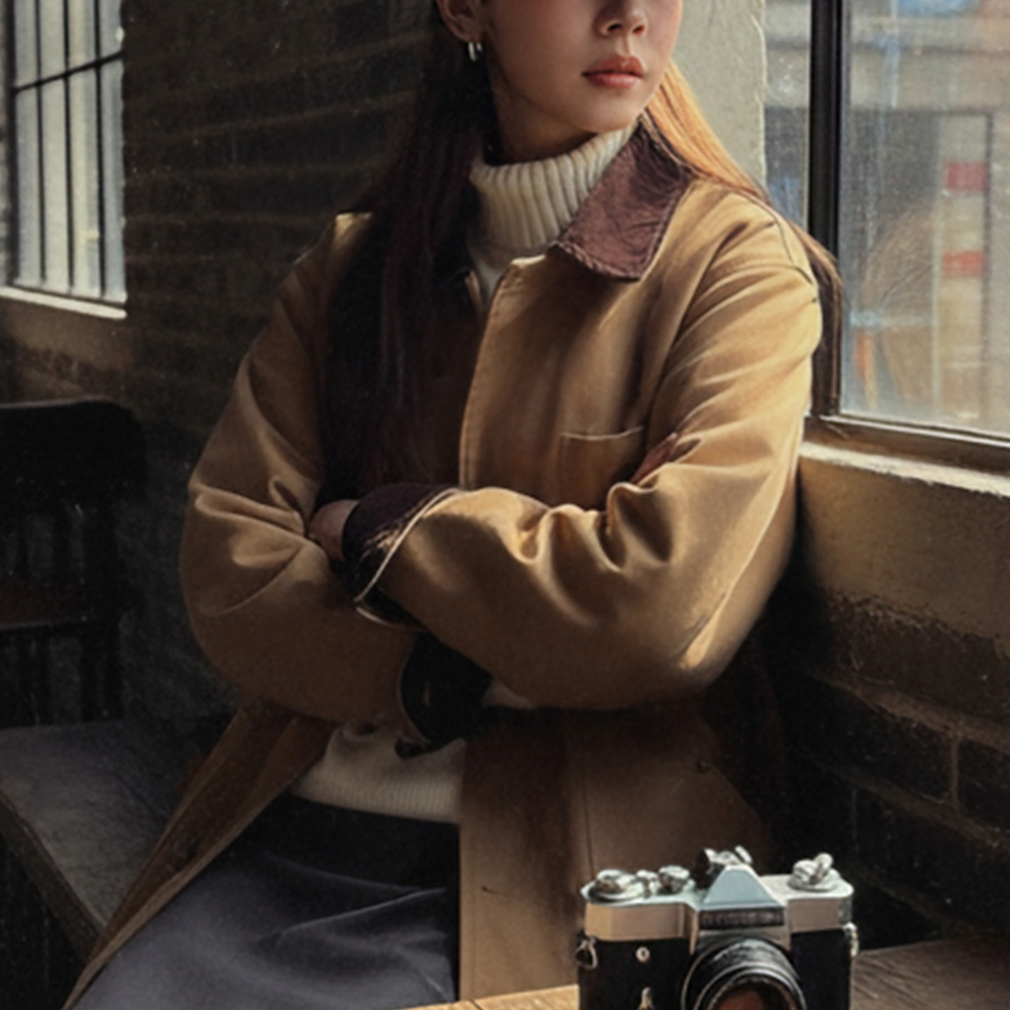 Maden femme kaki mi-longue toile veste col velours côtelé vêtements de travail manteau coupe ample rétro automne hiver vêtements d'extérieur