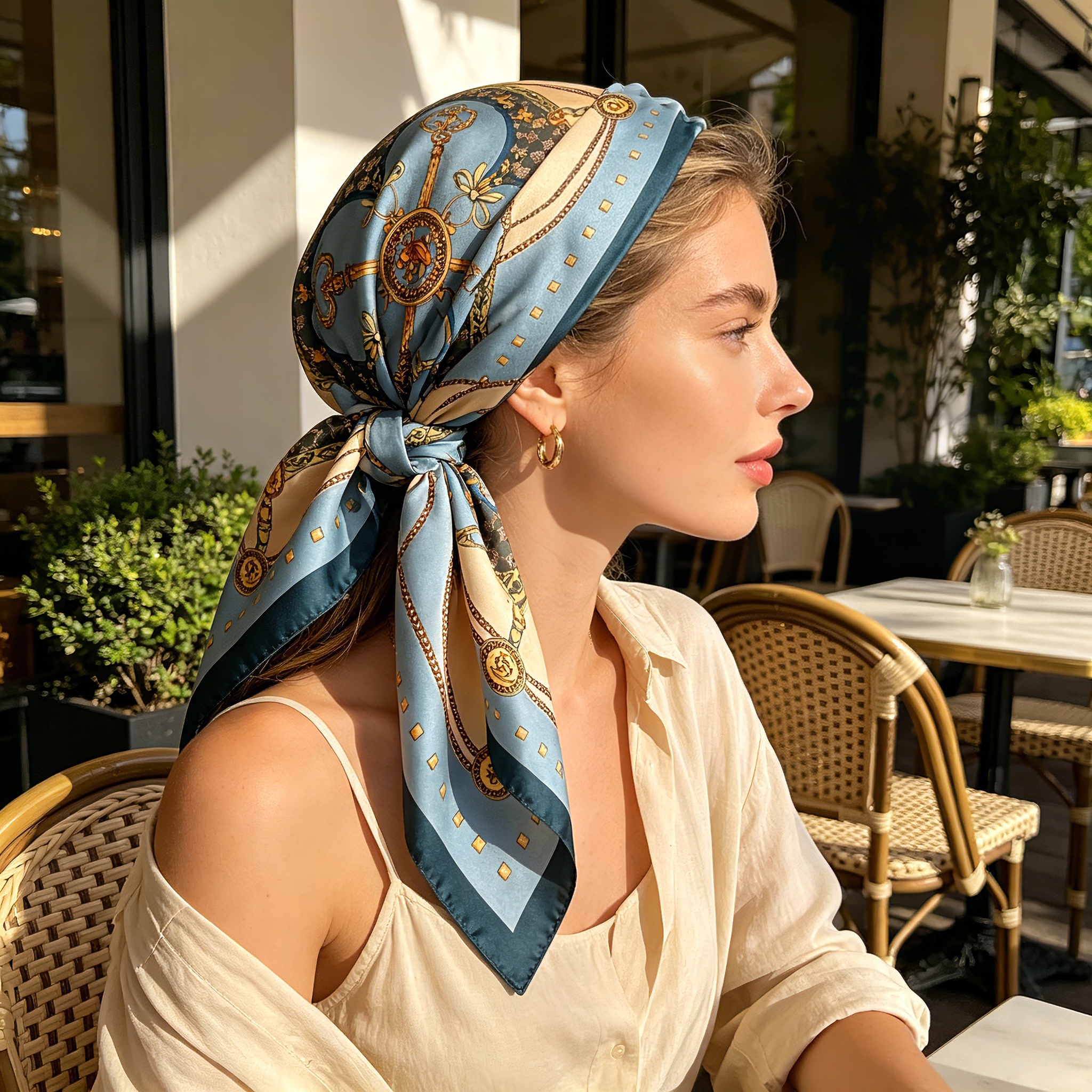 Écharpe de luxe à motif chaîne, foulard carré universel en soie imitation, accessoires vestimentaires, châle, protection, foulard de tête