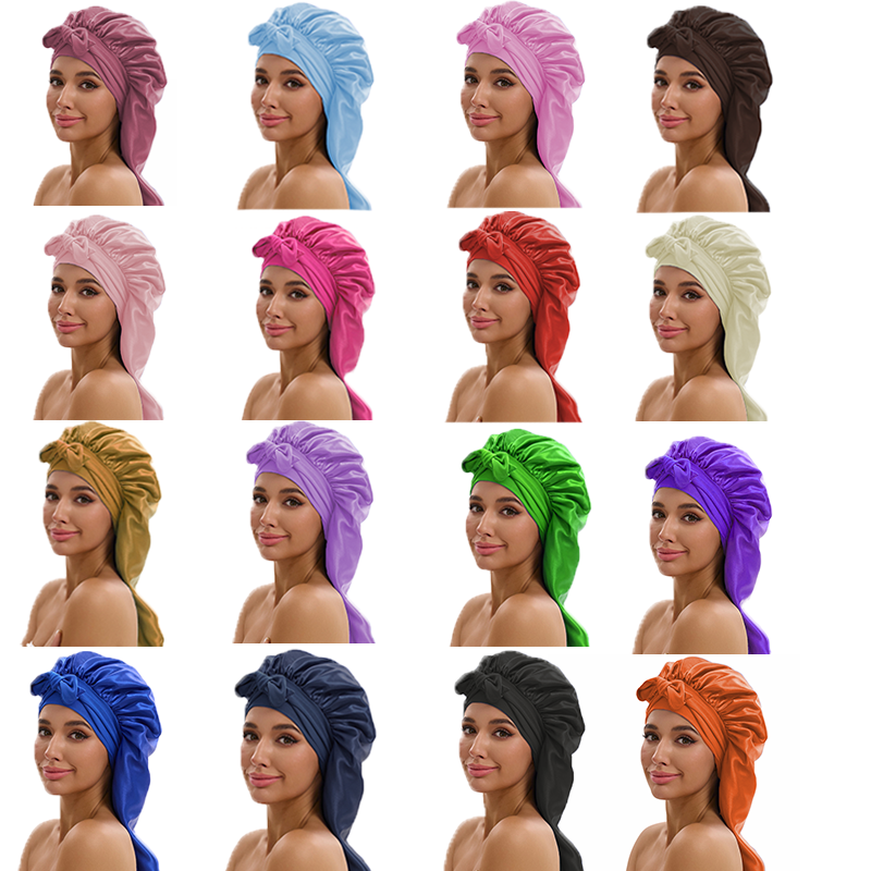 Bonnet long en satin pour femme avec nœud - Bonnet de nuit en soie extra large pour tresses bouclées, couvre-cheveux de nuit à bande élastique