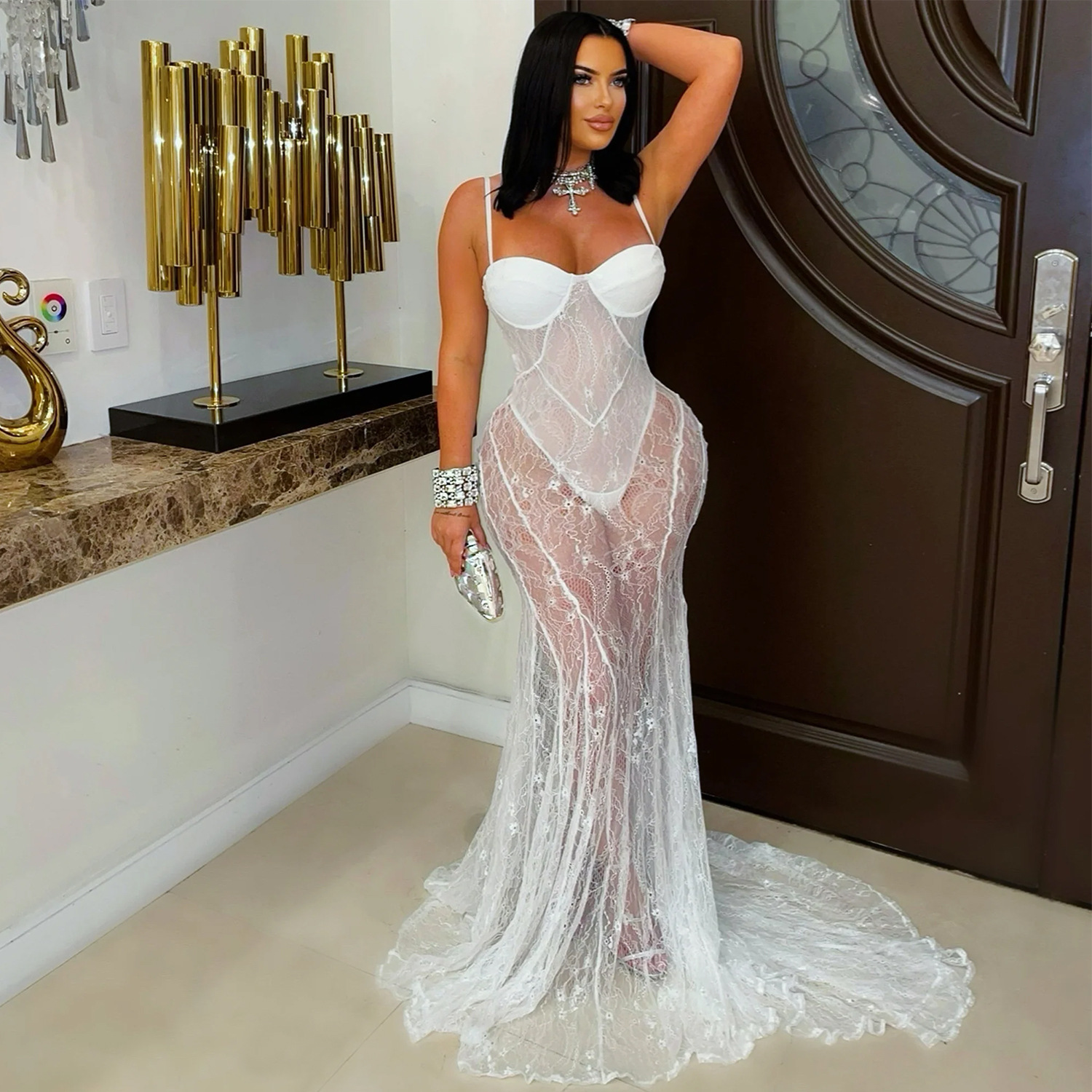 Dentelle voir à travers la robe de soirée de bal Sexy femmes Spaghetti sangle élégante boîte de nuit longue robe Maxi