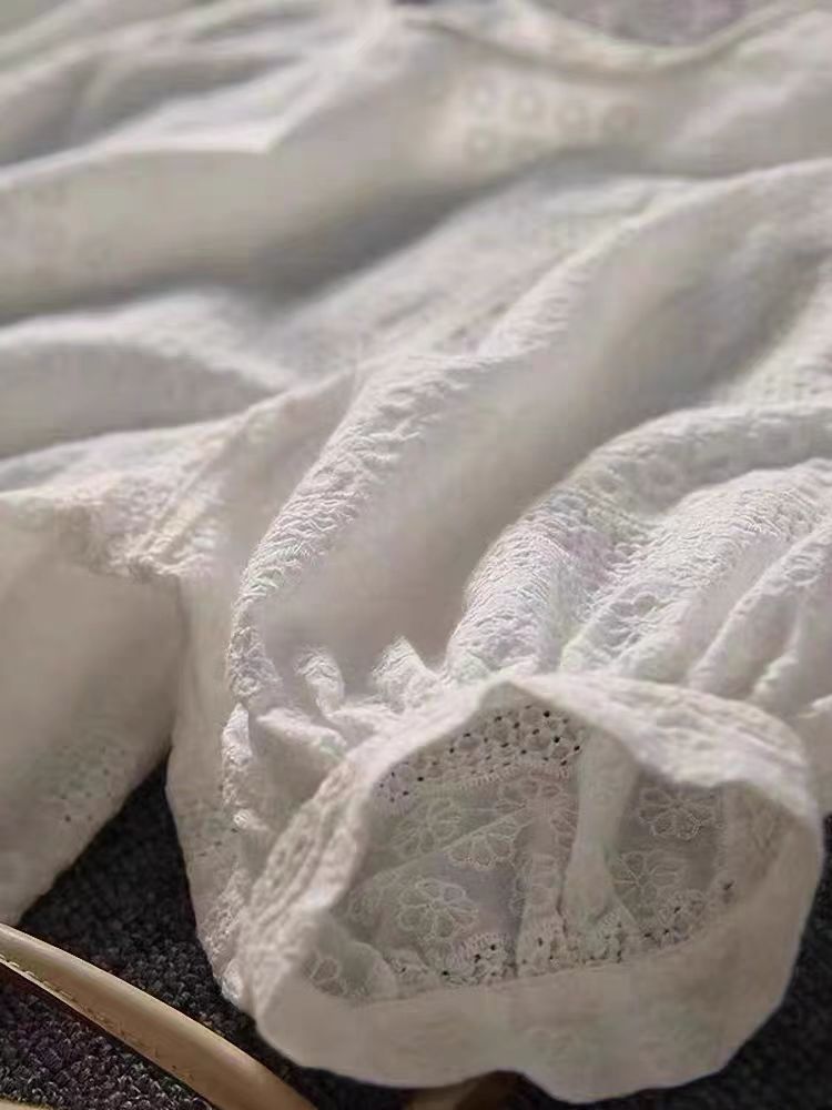 Mode été nouvelle broderie coton dentelle col rond Blouses décontractées nouveau coréen femmes lanterne manches chemises amples vêtements hauts Chic
